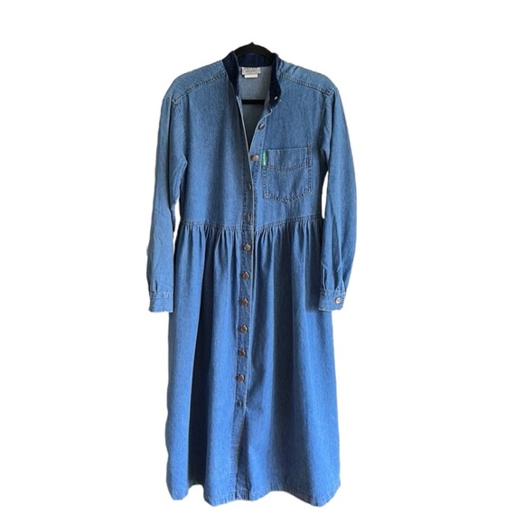 VINTAGE STUDIO 80s Denim MIDI Chore Dress Western Casual Prairie Pockets Size 8 - Picture 10 of 15